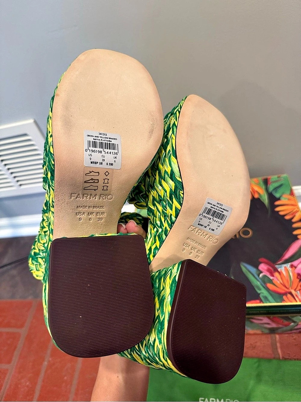 FARM Rio Woven Platform Sandals in Green & Yellow US 9 - Picture 5 of 5